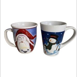 VTG 90s‎ Christmas Santa Snowman Ceramic Mug Set Of 2 Holiday Coffee Cups Winter